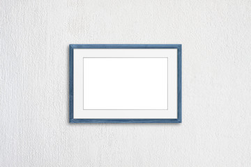 Blank photo frame mock up, light blue realistic  wooden framework on white plastered wall, 3D illustration