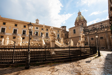 The Praetorian Fountain, located in the heart of historic center of Palermo, important landmark of Piazza Pretoria. Fountain represents 12 Olympians, animals and mythological figures