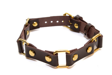 Leather brown collar on the neck on a white background