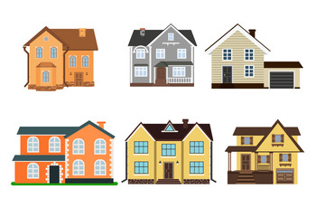 Set of houses front view in flat style isolated on white background. Collection of icons of  suburban house, town house, and cottage.  Vector illustration.