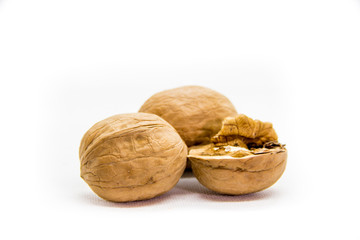 a few walnut in shell and peeled on white background