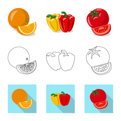 Vector illustration of vegetable and fruit icon. Set of vegetable and vegetarian stock symbol for web.