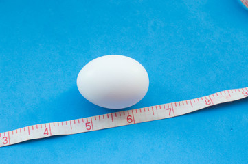 white egg on a blue background. Egg size is measured with an inch tape measure.