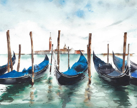 Venice landscape Italian landmark gondola canal watercolor painting illustration 