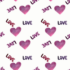 Seamless pattern with hearts and words love on white background. Watercolor illustration