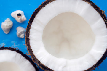 Fresh ripe halved  coconut and seashells on bright blue background