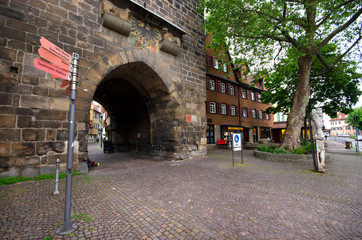 Fototapeta premium an ancient tunnel and the direction signs at Strasbourg, France
