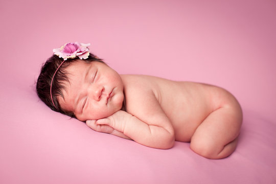 Newborn Baby Girl Sleeping on Pink Background