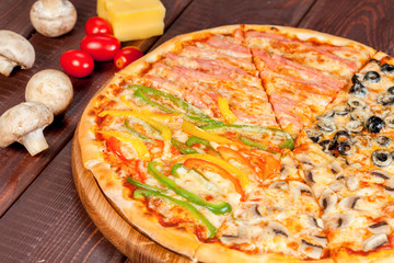  appetizing, fresh pizza on the table, for a design decoration in cooking