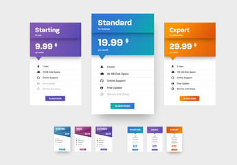 Three Price Table Layouts with Colorful Accents