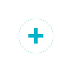 Blue cross in circle. Add or plus purchase symbol. Good for web and mobile design. Vector illustration isolated on white background.