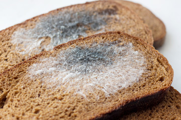 Slices of stale bread with mildew. Spoiled products_