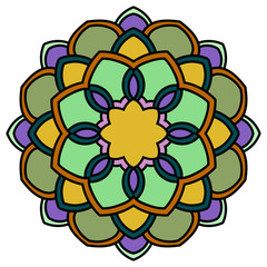 Colorful outline Mandala. Ornamental round doodle flower isolated on white background. Geometric circle element. Vector illustration.  