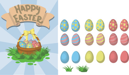 Picture with wishing of happy easter and basket full of colored eggs