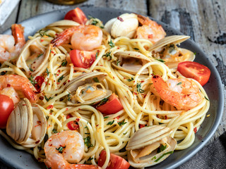 Cooked pasta with seafood clams, shrimps tomato on a plate , spaghetti - 246679605