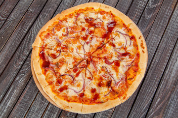  appetizing, fresh pizza on the table, for a design decoration in cooking