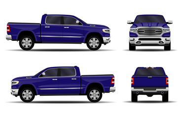 realistic car. truck, pickup. front view; side view; back view.