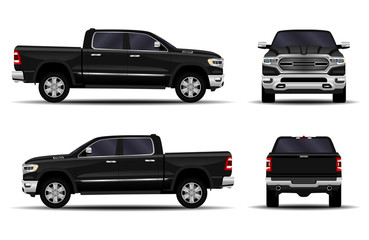 realistic car. truck, pickup. front view; side view; back view. - obrazy, fototapety, plakaty