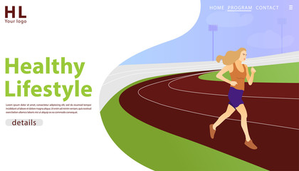 Vector illustration with running cute girl in flat style. Woman doing training on treadmills. Sport and healthy lifestyle illustration. Landing page template.  Vector illustration.
