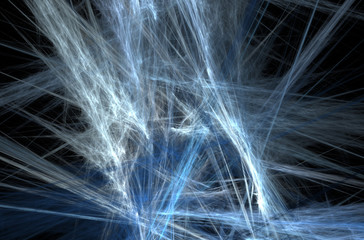 Blue white fractal lines background on black.