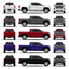 realistic cars set. truck, pickup. front view  side view  back view. © kupchynskyi12