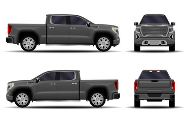 realistic car. truck, pickup. front view  side view  back view. © kupchynskyi12