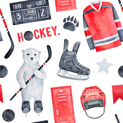 Fun ice hockey theme seamless pattern in red, black and white; with skates, pucks, sticks, jersey, score board, polar bear character, stars, athletic locker. Hand drawn water color graphic drawing.