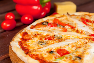  appetizing, fresh pizza on the table, for a design decoration in cooking