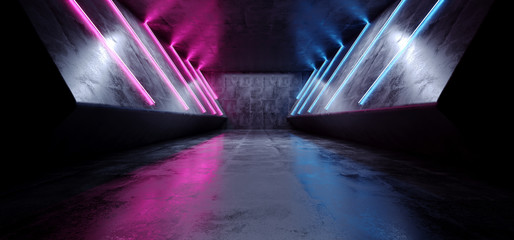 Neon Laser Glowing Cyber Sci Fi Futuristic Modern Retro Hi Tech Dance Club Purple Pink Blue Lights In Dark Grunge Reflective Concrete Tunnel Corridor Hall Room Empty 3D Rendering