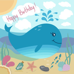 Happy birthday  greeting card with cute whale and sea life and sommer sky. Vector illustration in bright colors. Cartoon style.