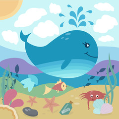 Bright illustration of underwater life: whale, fish, starfish, crab, jellyfish, seaweed. Vector Illustration. Perfect for cards, whallart, poster and other kids things.