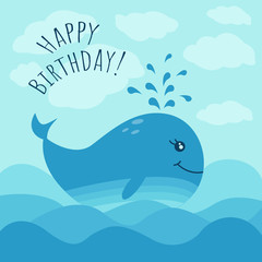 Happy birthday  greeting card with cute whale and sea waves. Vector illustration in blue colors. Cartoon style.