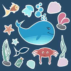 Set of colorful kids stickers. Underwater life. Vector illustration.