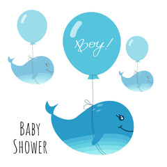 Baby shower  greeting card with cute blue whales and balloons. Vector illustration in blue colors. Cartoon style.
