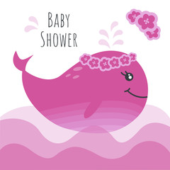 Baby shower  greeting card with cute  whales and balloons in pink colors. New born girl.Vector illustration in blue colors. Cartoon style.