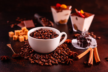 The invigorating morning coffee with sweets. It can be used as a background