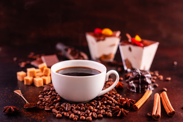 The invigorating morning coffee with sweets. It can be used as a background
