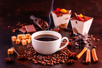 The invigorating morning coffee with sweets. It can be used as a background