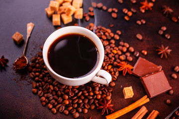 The invigorating morning coffee with sweets. It can be used as a background