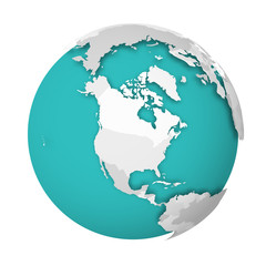 3D Earth globe with blank political map dropping shadow on blue green seas and oceans. Vector illustration