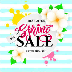 Spring sale with flowers on striped background. Season discount banner design. Vector illustration.