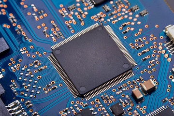 Close-up of electronic circuit board with processor of computer motherboard