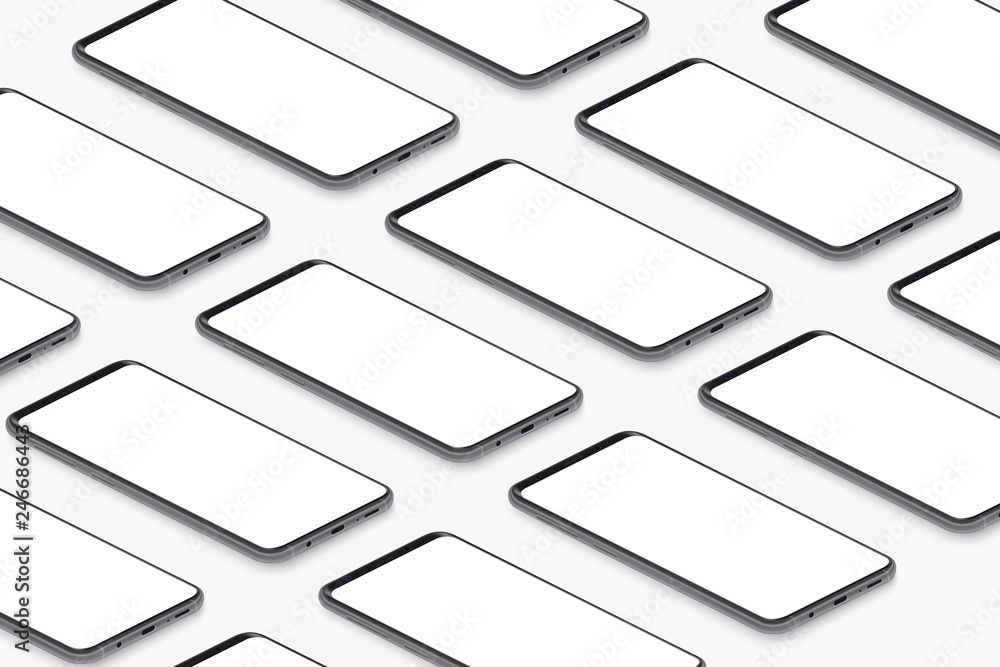 Poster Isometric black realistic smartphones with blank white screens grid. Empty screen phone template for inserting UI interface or business presentation vector illustration.