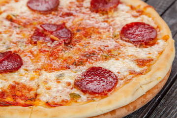  appetizing, fresh pizza on the table, for a design decoration in cooking