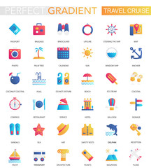 Vector set of trendy flat gradient Travel, journey, vacation, cruise icons.