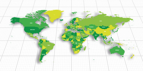 Green geopolitical map of World. Bottom perspective view with background grid. Vector illustration