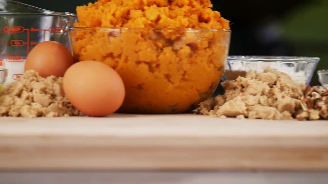 Tracking shot, sweet potato casserole ingredients