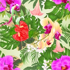 Fotobehang Seamless texture bouquet with tropical flowers  floral arrangement  purple and yellow orchids Phalaenopsis,lilies Cala and anthurium palm philodendron and Brugmansia  vintage vector illustration © zdenat5