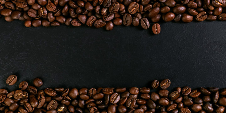 Fragrant coffee beans on rustic tabletop background. Banner copy space. © Plutmaverick