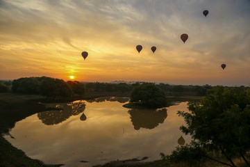 Hot air balloons on the temples. Bagan Myanmar